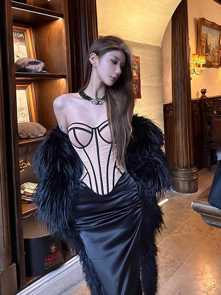 

Sexy Spicy Girl N3 SYXATN Pure Desire Winter Faion Satin Tailored Skirt Set Women's Waist-Cinching Tube Top Two-Piece Suit