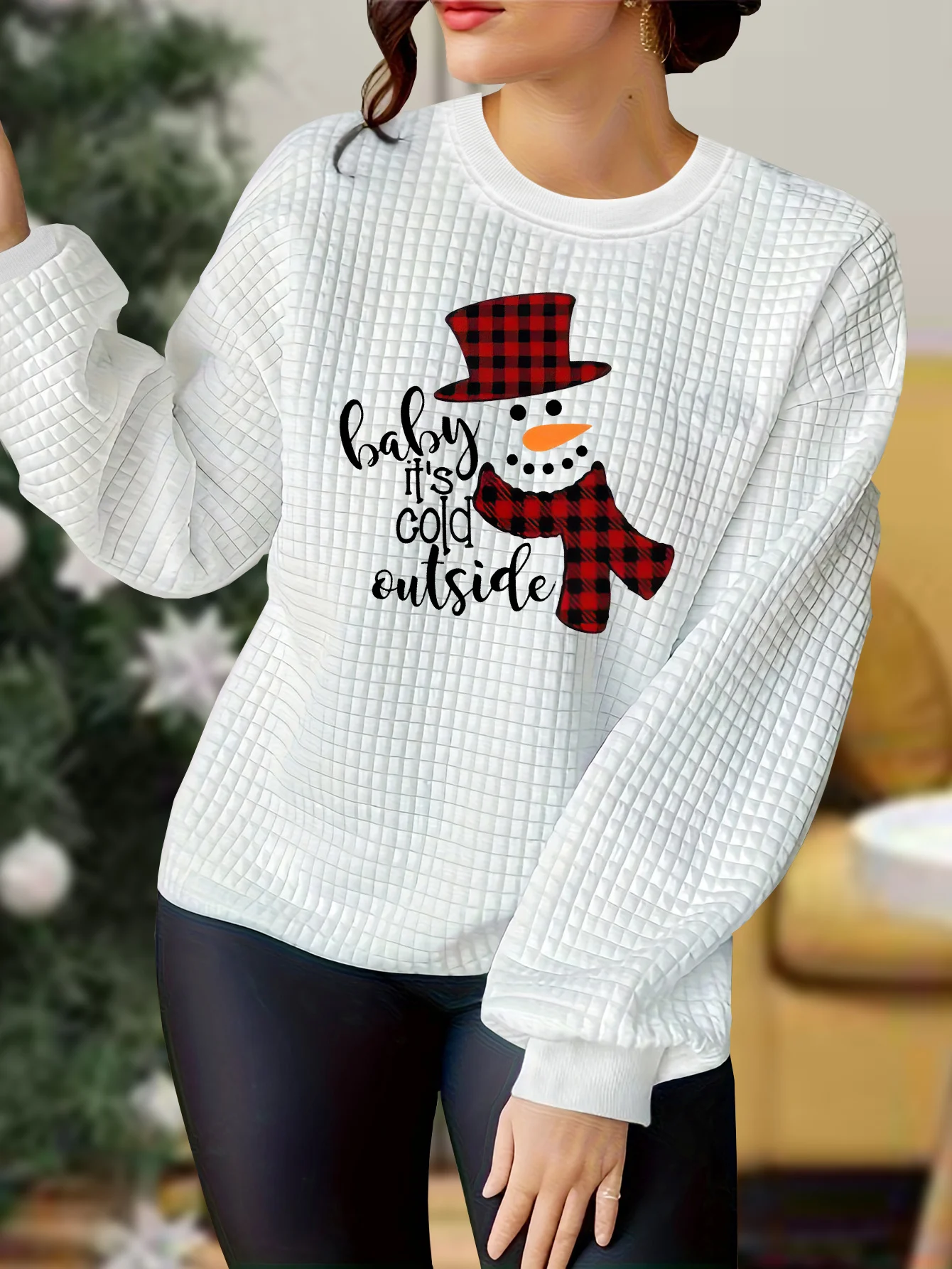 

Plus Size Christmas Casual Loungewear Top, Women's Plus Snowman & Slogan Print Waffle Pattern Long Sleeve Round Neck Pajama Top