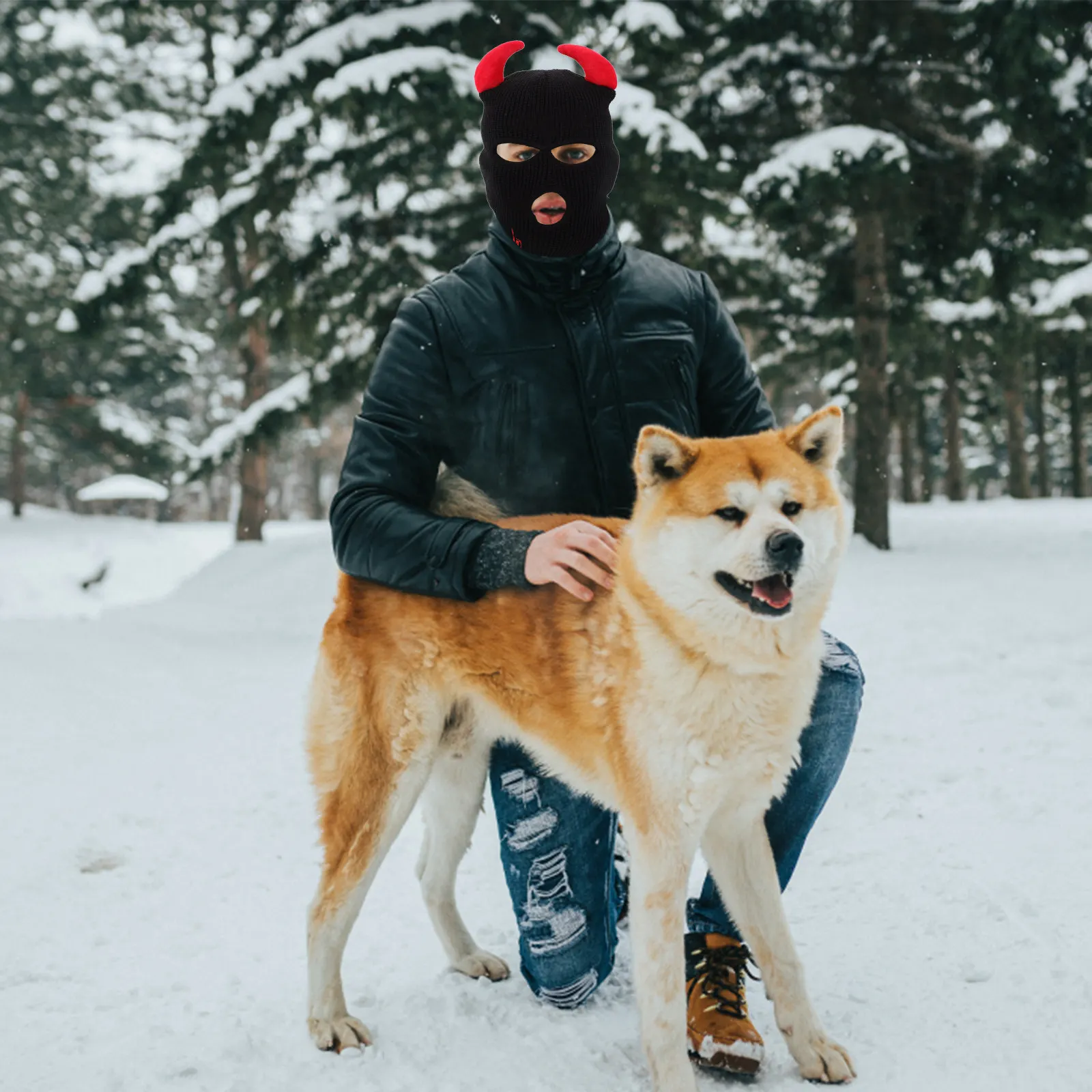 Winter Ski Mask Warm Knitted Woolen Hat Ox Horn Design Windproof Full Face Cover Outdoor Sports Black