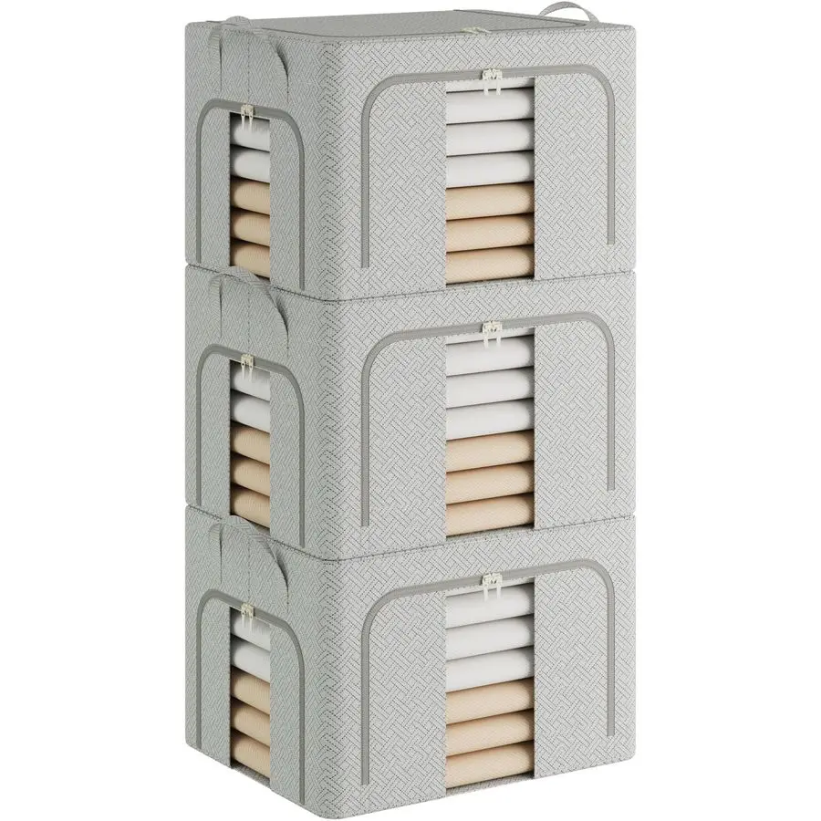 メタルフレーム付き衣類収納ボックス3個パック、クローゼットオーガナイザーと収納ボックス、積み重ね可能で折りたたみ可能な衣類オーガナイザーバッグ