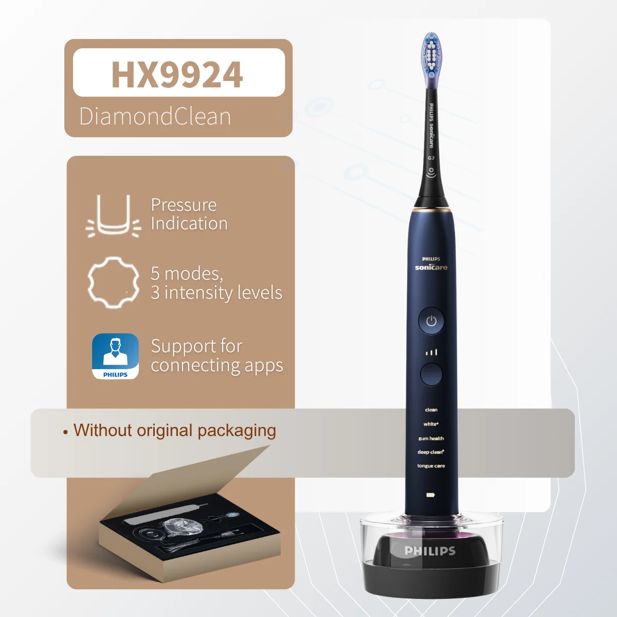 فرشاة أسنان فيليبس سونيكير 9500 الكهربائية HX993، بدون تغليف أصلي، مع بلوتوث، رأس فرشاة C3