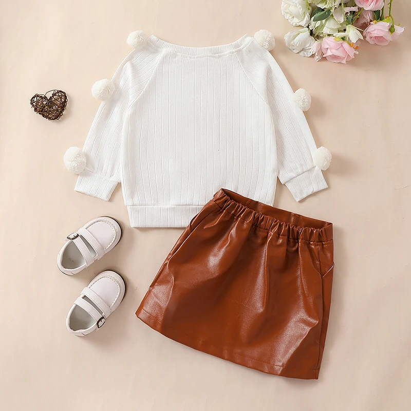 Toddler Girls 2Pcs Spring Fall Outfits Casual Fashion Pompom Decor Long Sleeve Knit Tops + Leather Mini Skirt Set Baby Clothes