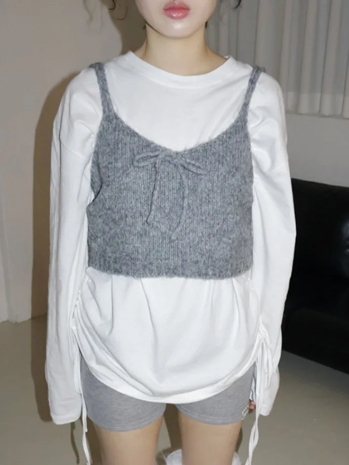 

Sweet Sle Tee-Color Чистый вязаный жилет Топ с ремешком-бабочкой Японский женский модный летний свитер ort Sve