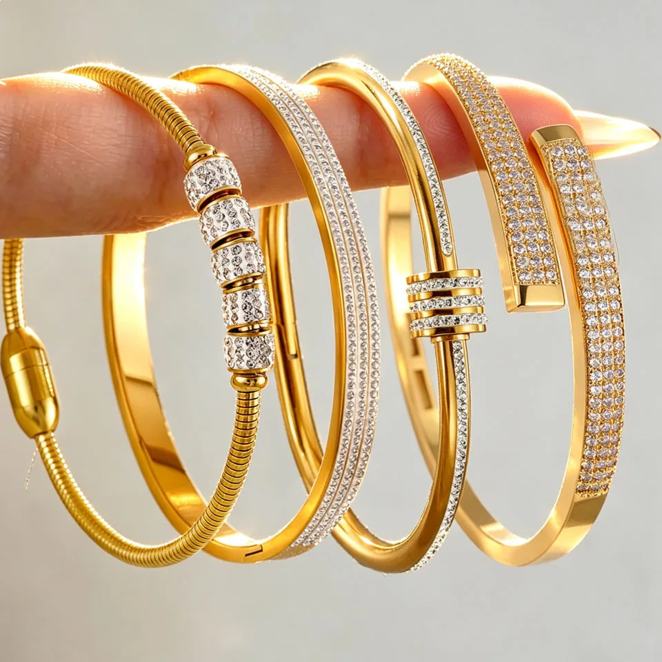 ZAKOL 4pc Gold Color Micropaved Zirconia Decorated Stainless Steel Bracelets Fashion Non-fading Jewelry Wholesale