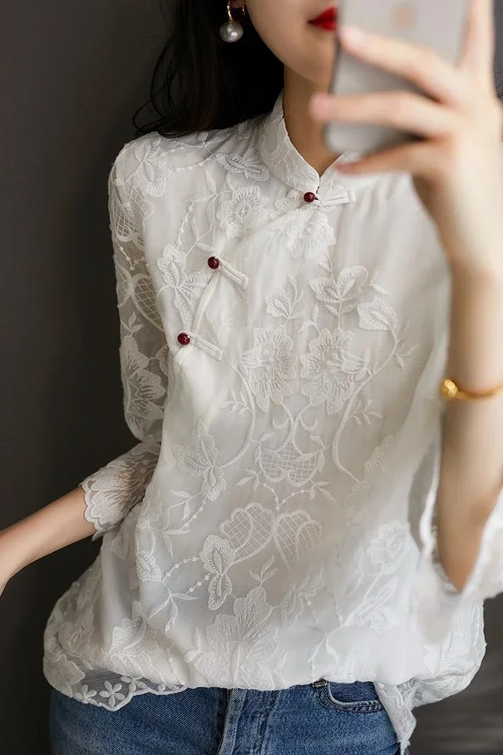 

2024 chinese style lace qipao top vintage clothing women asian costume fancy traditional embroidery elegant shirt cheongsam tops