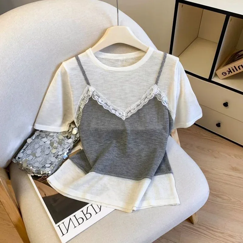 2026 Summer New Korean Fashion Lace Patchwork O-neck Short Sleeve T-Shirts Female All-match Fake Two Pieces Top Tee Women Tshirt