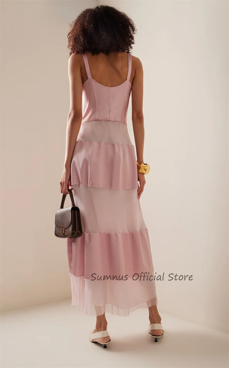 SUMNUS Modern Pink Party Dresses V Neck Straps Evening Party Dress New Fashion Casual Beach Outfit Graduation Sleeveless Gowns