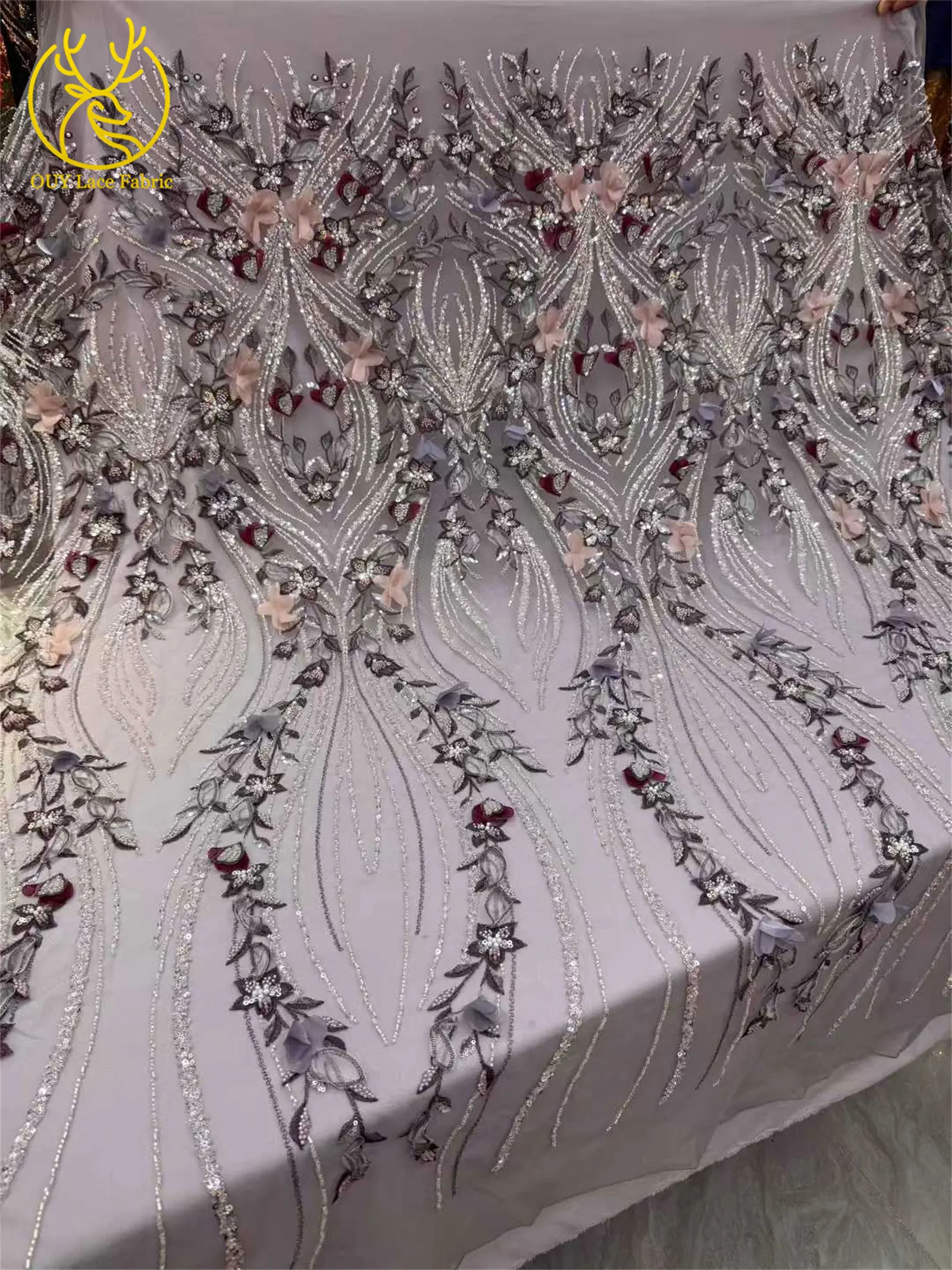 Neueste 3D Blumen Afrikanische Perlen-Spitzenstoff 2026 Französischer Nigerianischer Pailletten-Spitzenstoff für Braut Hochzeitskleid Material – Detail 5