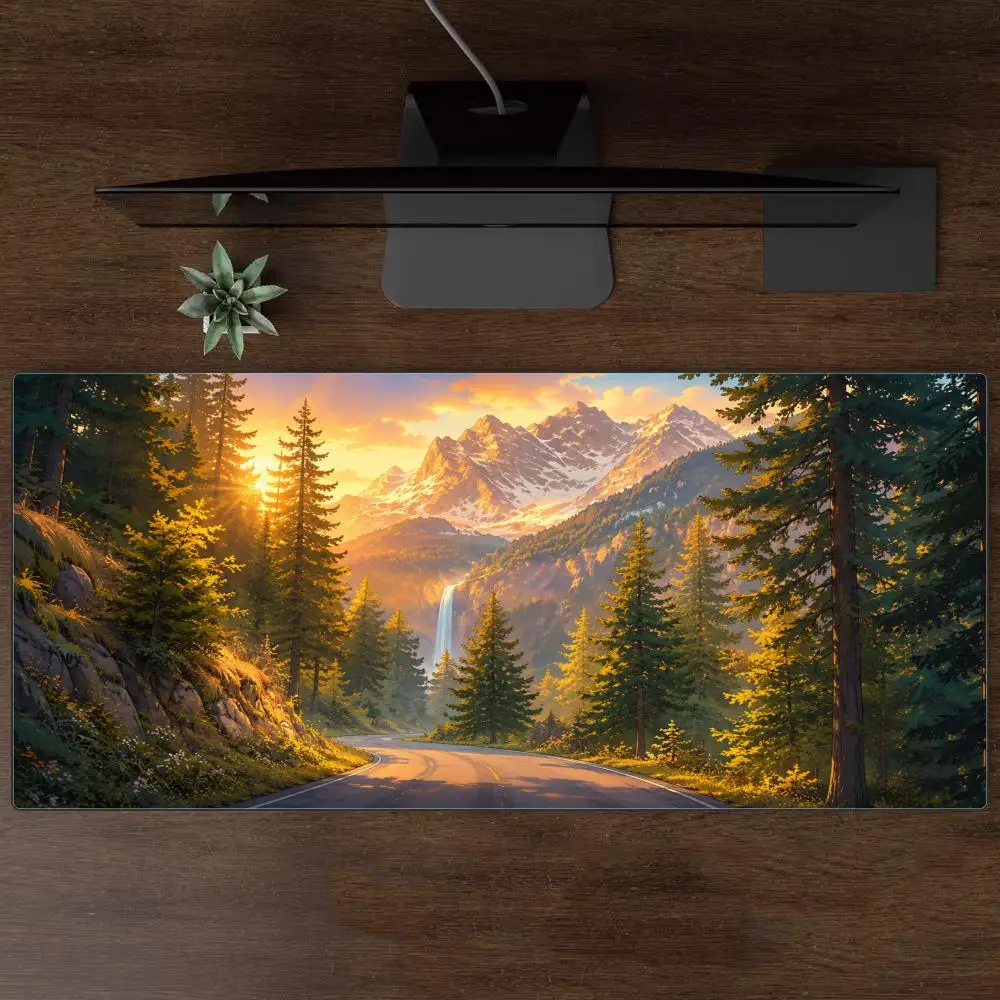 Anime Mountain Highway Large Mouse Pad Forest Waterfall Sunset Snow Mountain Landscape Art Desk Mat for Home Office Gaming Decor