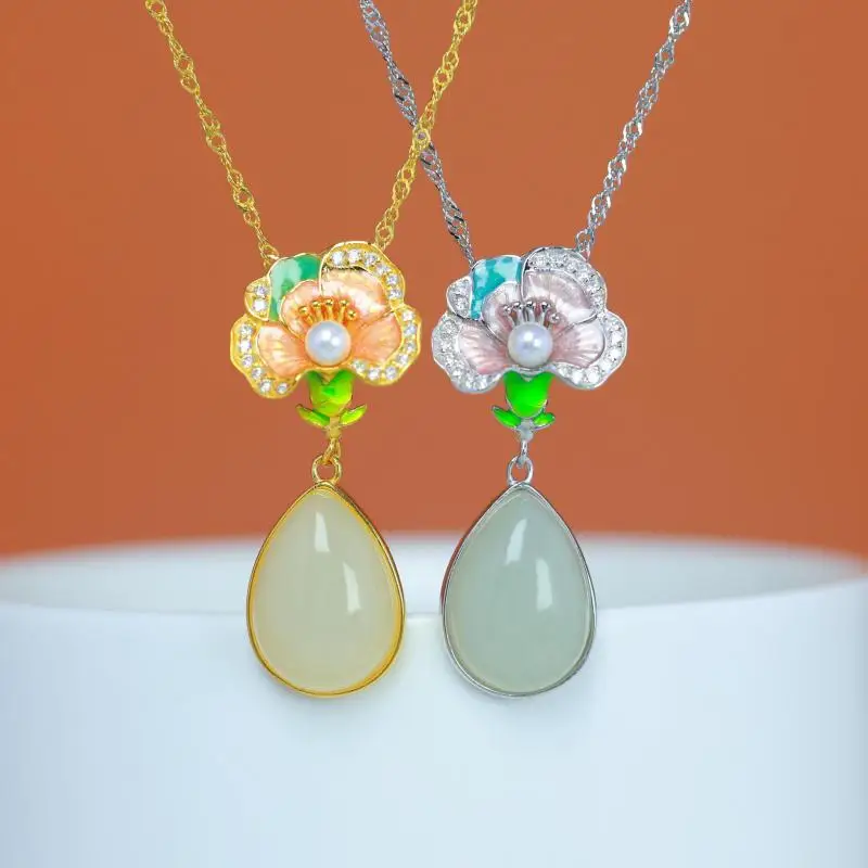 Genuine China Nephrite Stone 925 Silver Enamel Flower White Hetian Jade Waterdrop Pendant Necklace Women Certified Jewelry Gifts