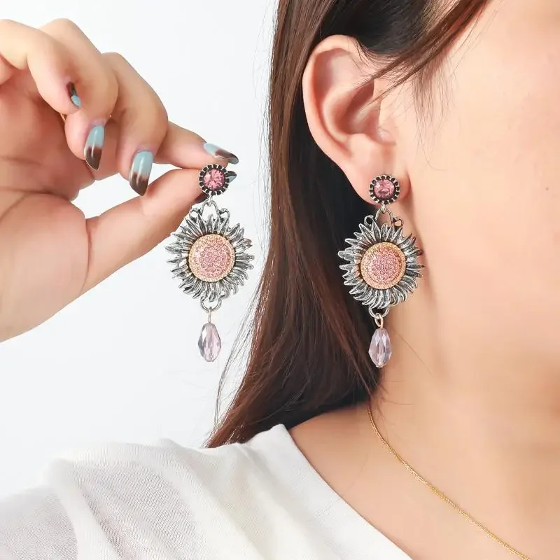 أقراط نسائية بوهيمية عتيقة من الزركون عباد الشمس هدية أنيقة للحفلات #2