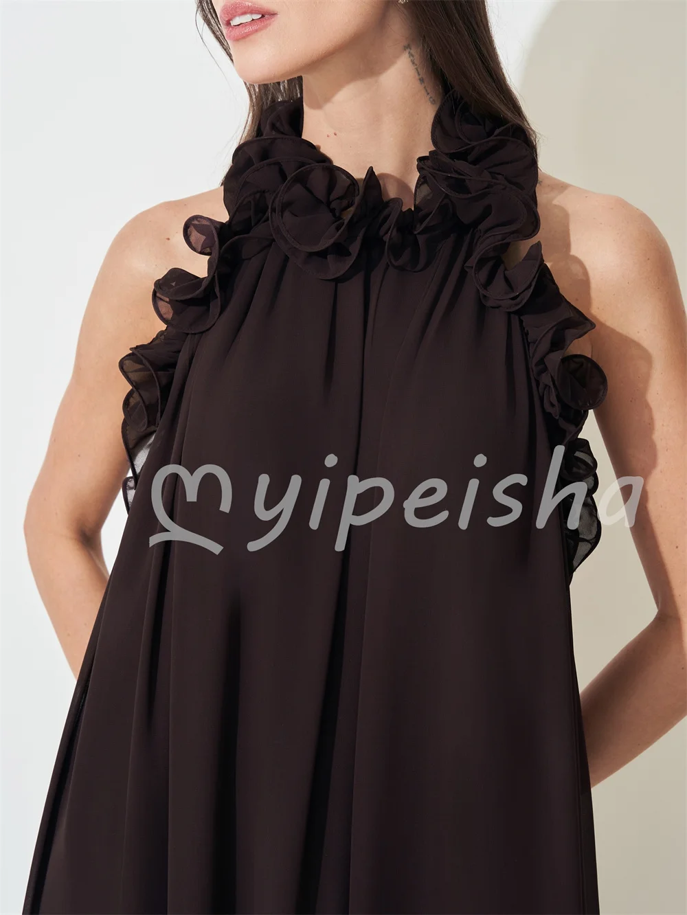 Navy Brown Chiffon Pleat Ruched Sash A-line High Collar Floor-Length Evening Dresses Party Gowns Sizes Available Customized