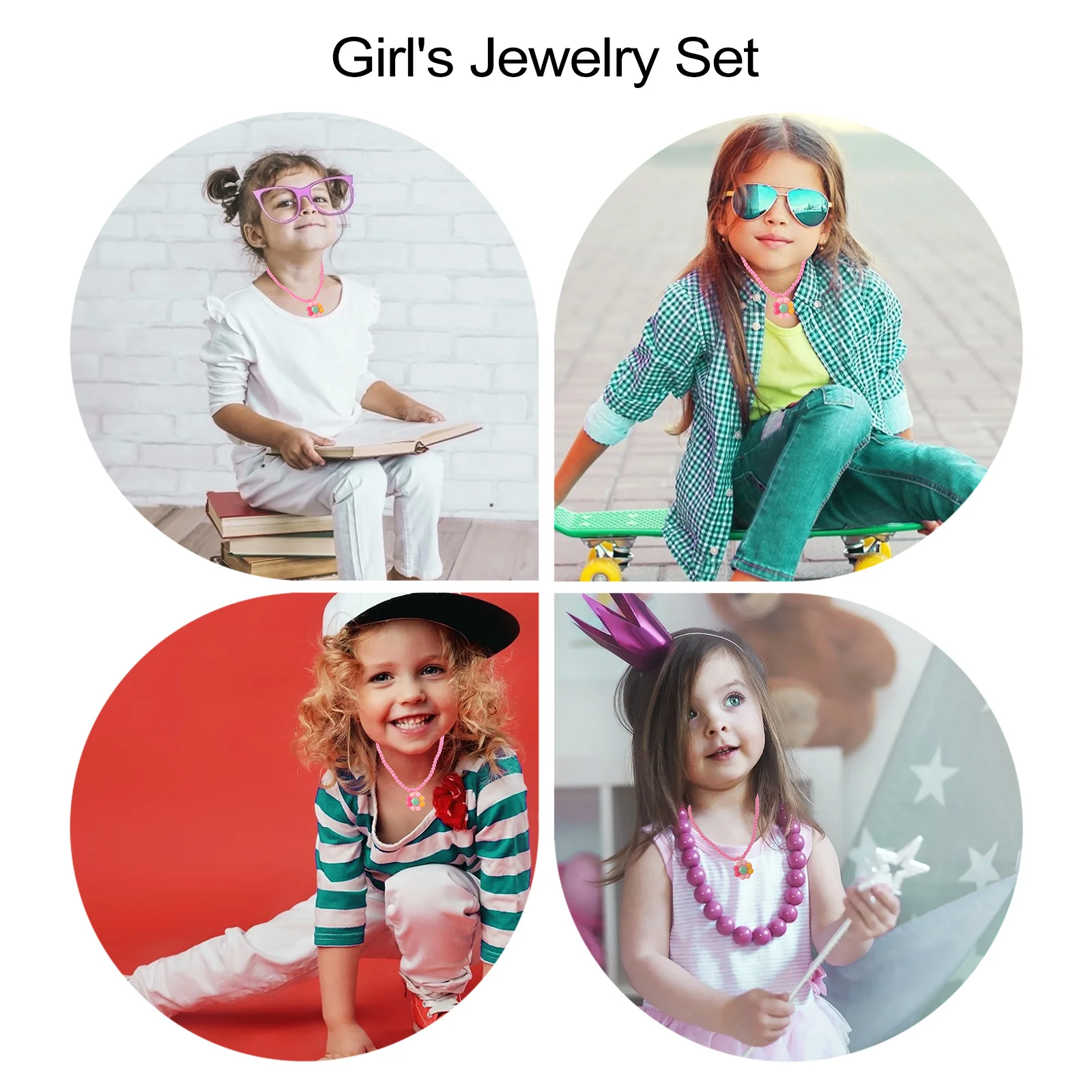 

2Sets Lovely Girls Jewelry Set Flower Necklace Bracelet Rings Ear Clips Party Dress Up Accessories Girl's Jewelry Set