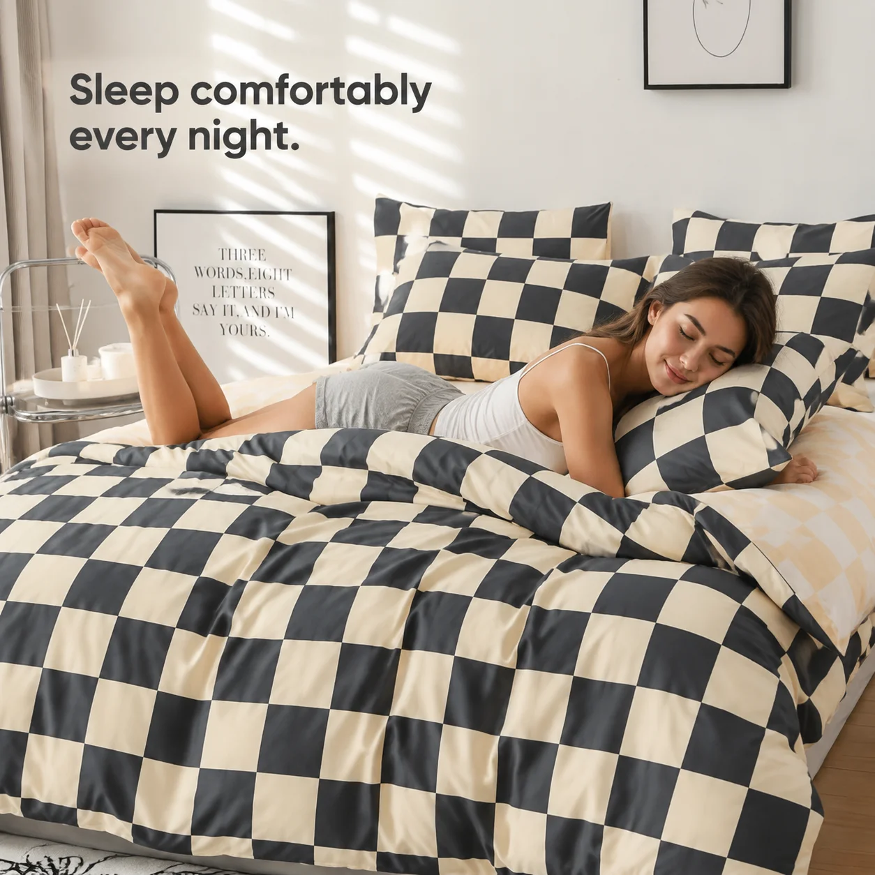 Black and Beige Checkered Duvet Cover 3-Piece Set, Modern Checkered Bedding Set, Soft Bedspread with Pillowcases, Available for Single, Double, King, and Queen Beds