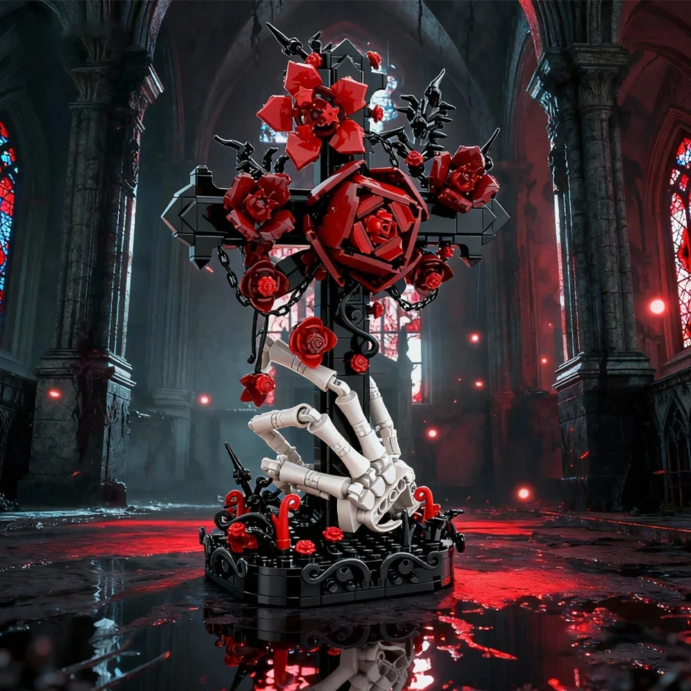 

MOC Gothic Skull Cross Bouquet Building Blocks Model Christianity Bible Cross Flowers Decorate Bricks Assembly Toys Kids Gifts