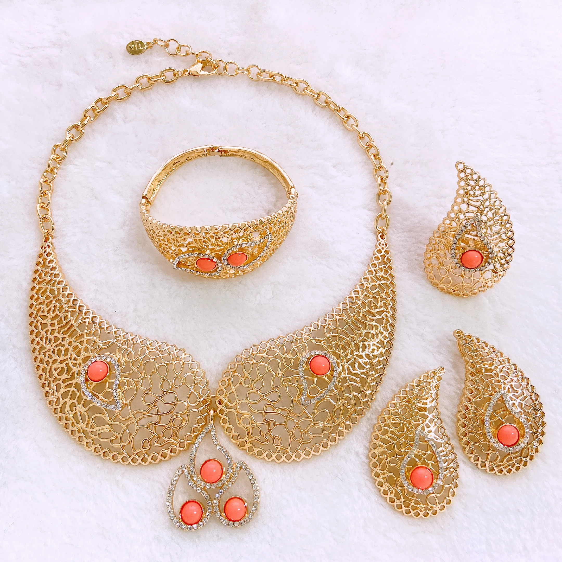 Big Style Orang beads Necklace Earrings Bangle Ring Women's  Jewelry Set Non Tarnish