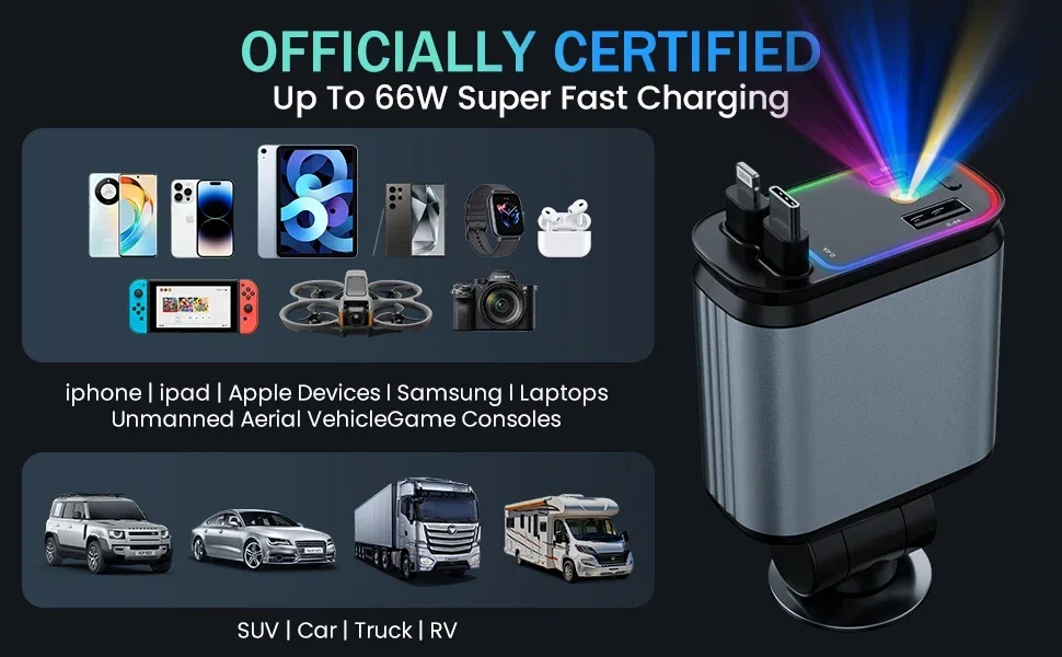 Caricabatteria da auto retrattile 4 in 1 USB C, adattatore per