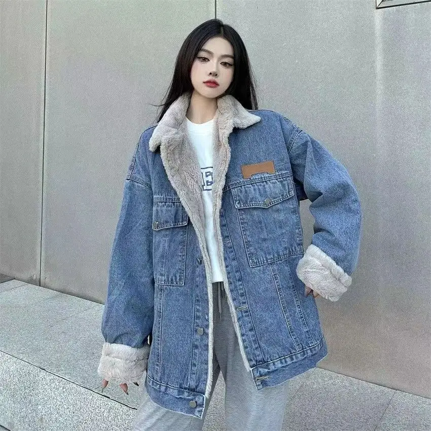 

Denim Coat For Women Dark Fur Plush Womens Autumn Ruffled Drawstring Patchwork Outcoats Minimalism College Elegant Chic Jackets