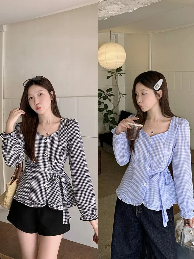 

Blue Plaid Waist-Cinching Women's irt Spring Season plus Size Unique Beautiful New Design Casual Sle Long Sve V-ne Top