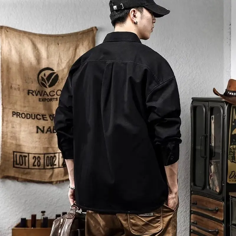 American Retro Long Sleeve Men's Casual Shirt Hard Man Spring Autumn Heavyweight Hunting Jacket Loose Fit Breathable Cotton