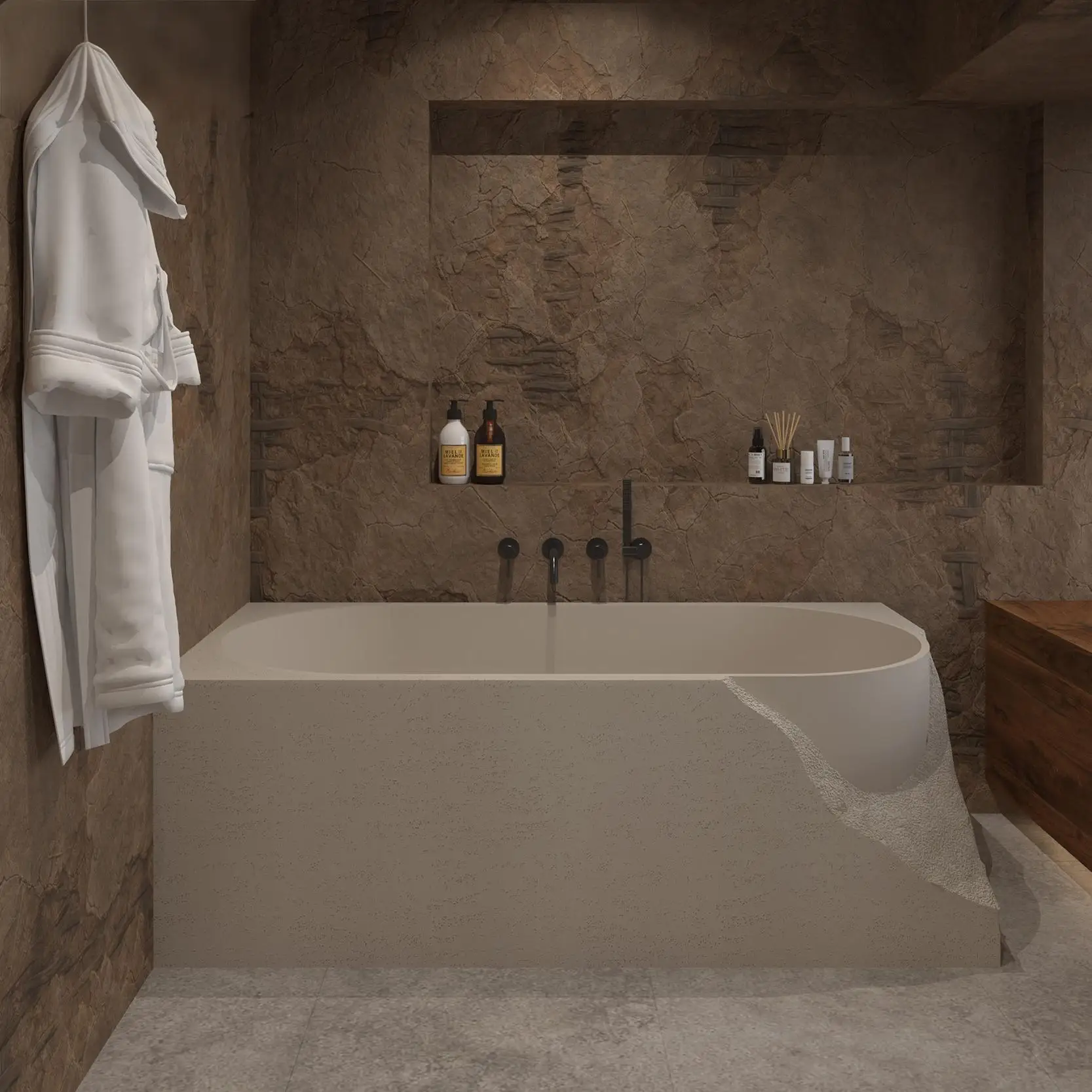 Wabi-Sabi Cultured Travertine Bathtub, Asymmetrical Designer Tub for Hotel & Home, Easy-Clean & Heat Retaining, Body Contour