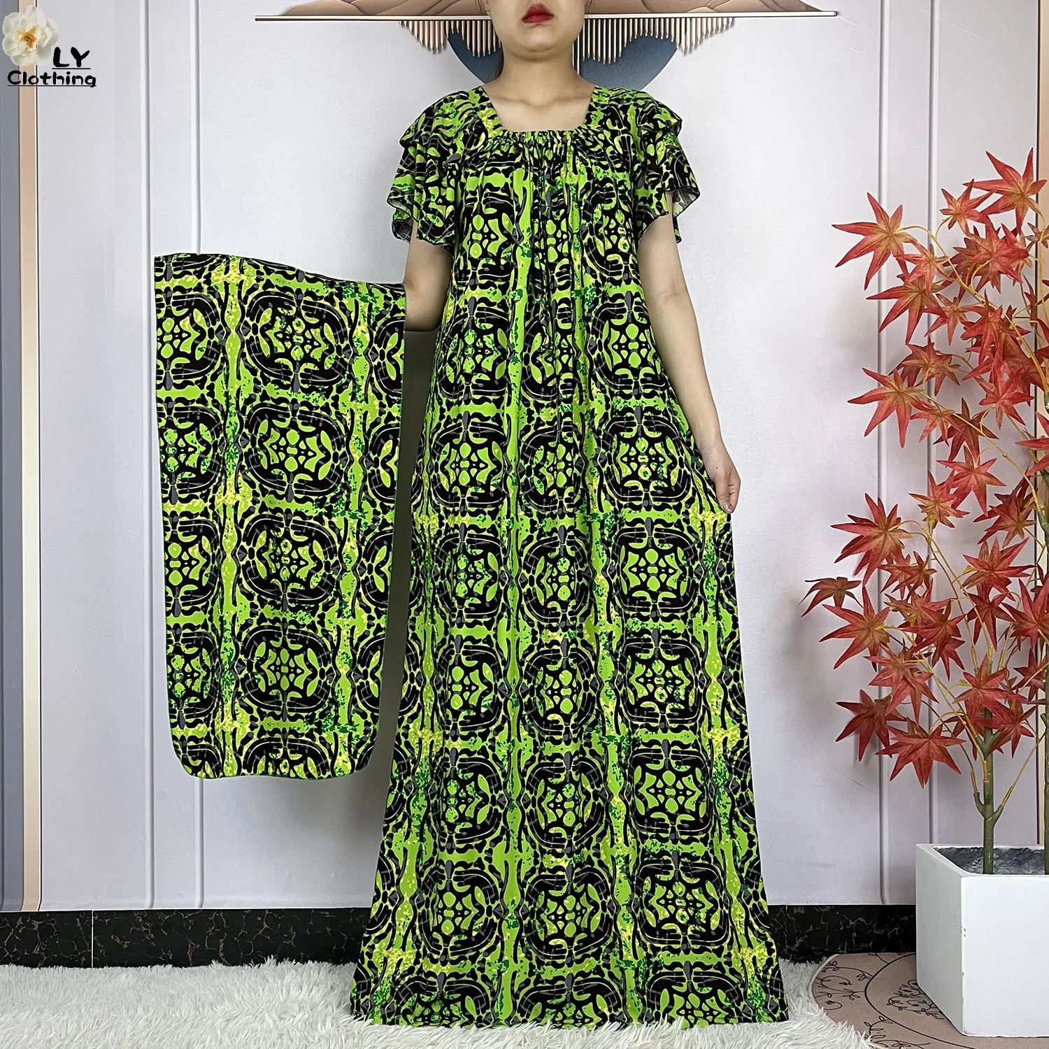 2024 Summer Short Sleeve African For Women Dashiki Dubai Printed Cotton Loose Fit Femme Robe Muslim Sets Abaya With Headscarf