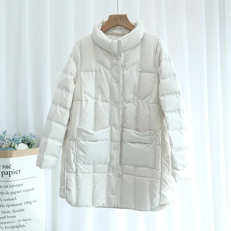 Mid-Length Stand-up Collar Fashionable Hem White Duck Down Luxury Women's Autumn Winter New Down Jacket Lightweight Outerwear