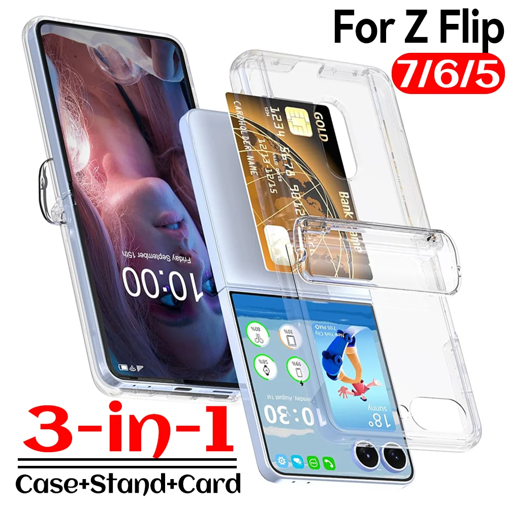 

For Samsung Galaxy Z Flip 7 6 5 Phone Case Protective Cover 3in1 Multi Functional Invisible Stand Folding Hinge with Card Holder