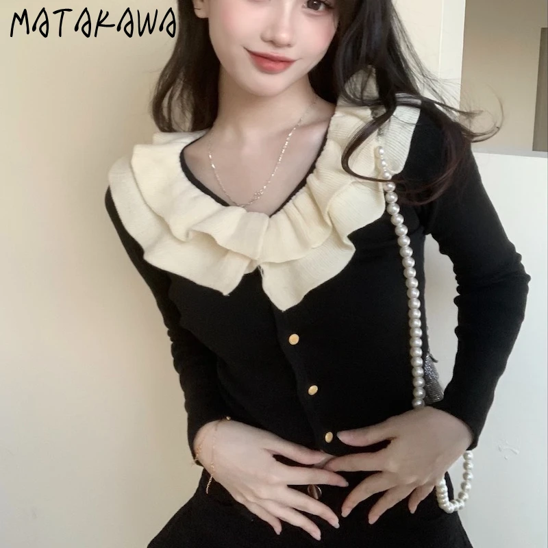 Matakawa Ruffles Short Cardigans Korean Fashion Autumn Winter Vintage Women Sweaters Contrast Color Sweet Simple Suueteres