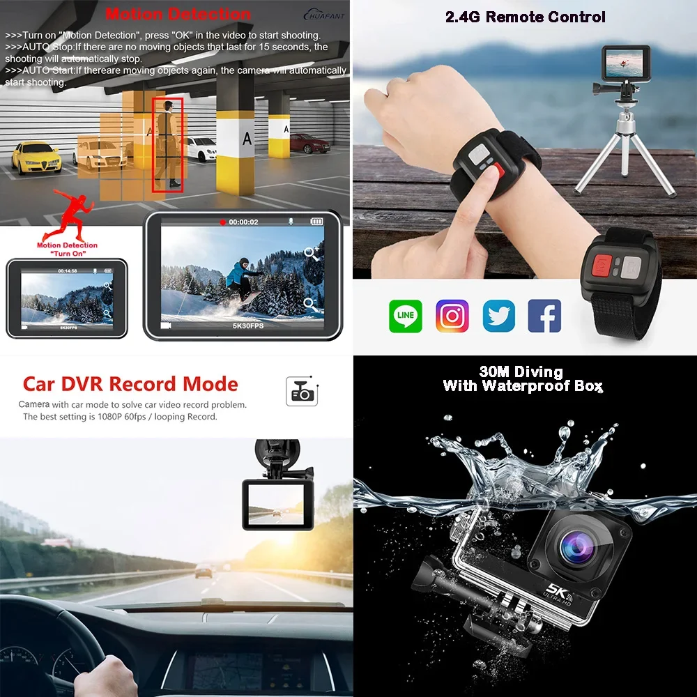 Action Camera F6W Wireless Mic 5K 4 k60fps 48MP 2.2 