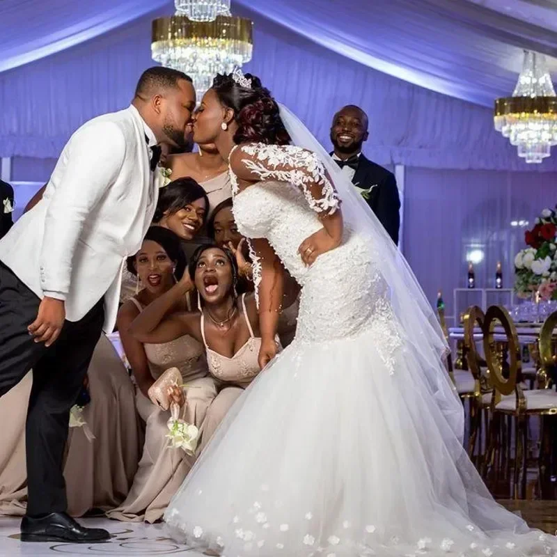 Vestidos importantes personalizados, cuello transparente, perlas, ilusión, mangas completas, vestidos de boda de sirena, novia negra para niñas