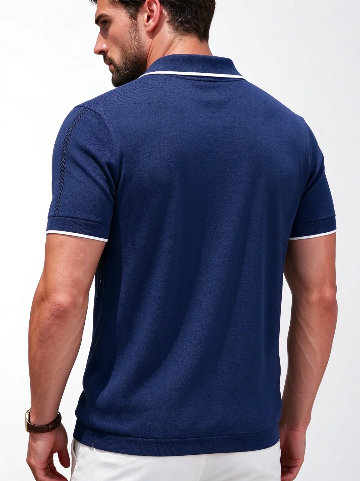 Men's Knitted Polo Shirt Summer Short Sleeve Lapel Button Down Hollow Striped Texture T-shirt Contrast White Trim Slim Fit Busin