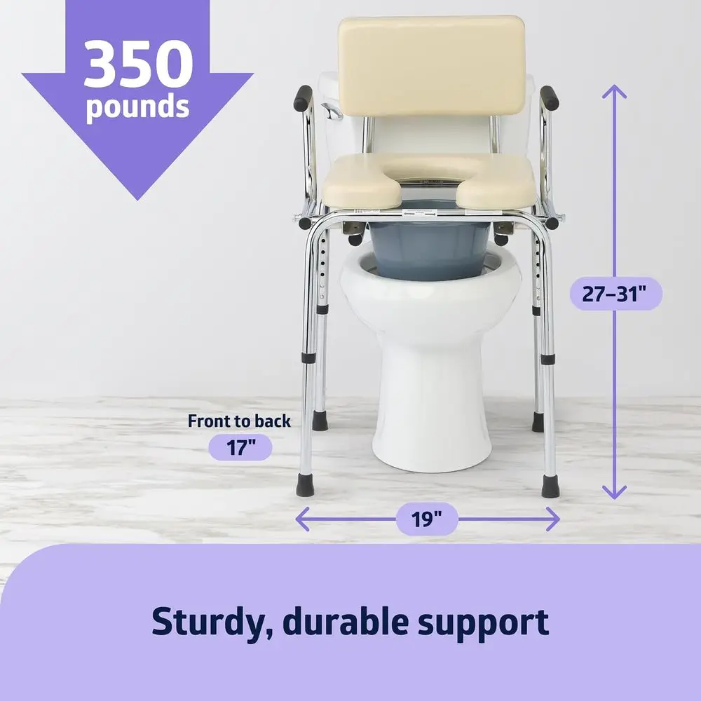 Drop Arm Commode with Padded Seat and Backrest, Durable Toilet Chair for Adults and Seniors, Removable Pail, Splash Guard, Drop