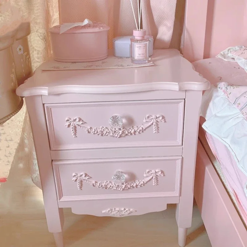 French engraved pink princess style solid wood bedside table chest European girl heart bedroom storage cabinet bedside table