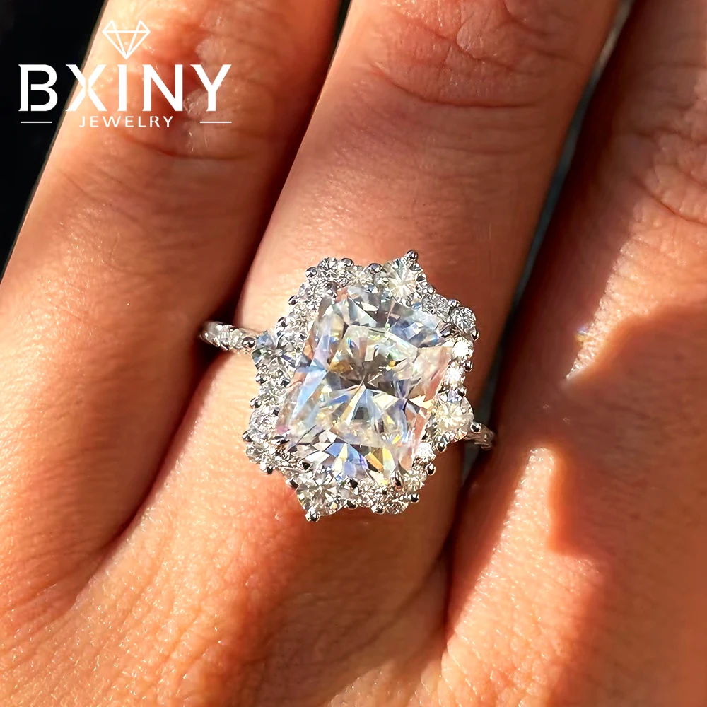 BXINY 4CT Radiant Cut All Moissanite Rings 925 Sterling Silver For Women Halo Diamond Vintage Engagement Band Gifts Fine Jewelry