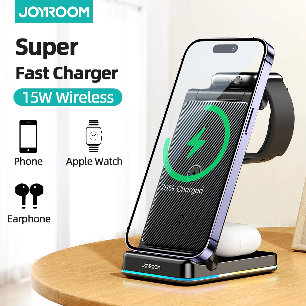 

JOYROOM 3 in 1 Wireless Charging Station Foldable Double Coil Wireless Charger Compatible For iPhone Xiaomi iWatch Airpods