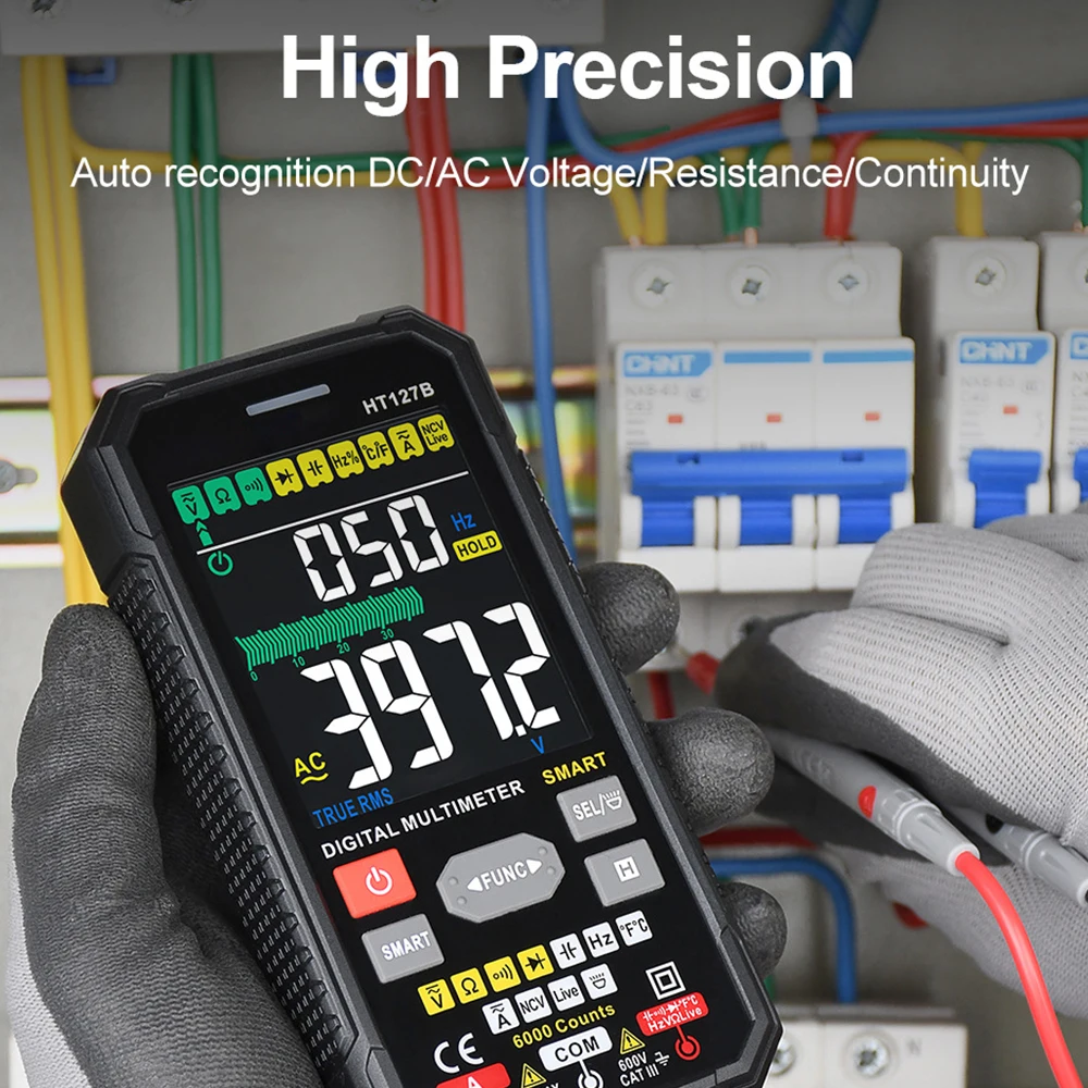 

HT127B Digital Multimeter Auto Range DMM Voltmeter True RMS NCV AC DC Voltage Meter 6000 Counts Smart Multitester