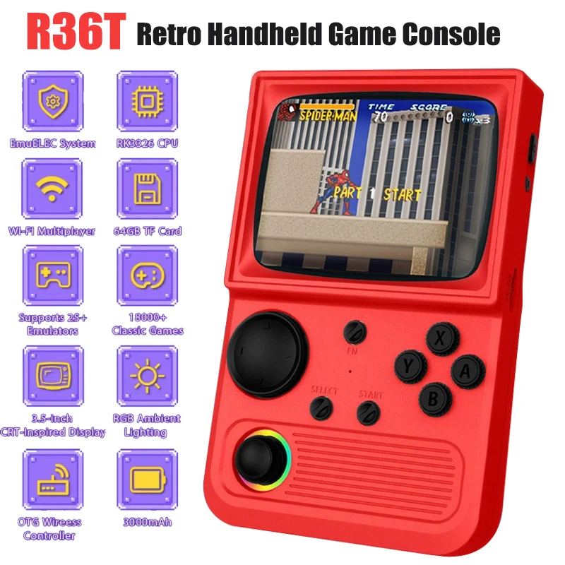 

Портативная игровая консоль 128 ГБ R36T Retro TV с 18000+ играми, системой EmuELEC, 3,5-дюймовым IPS-экраном и 64 ГБ памяти, портативный видеоплеер
