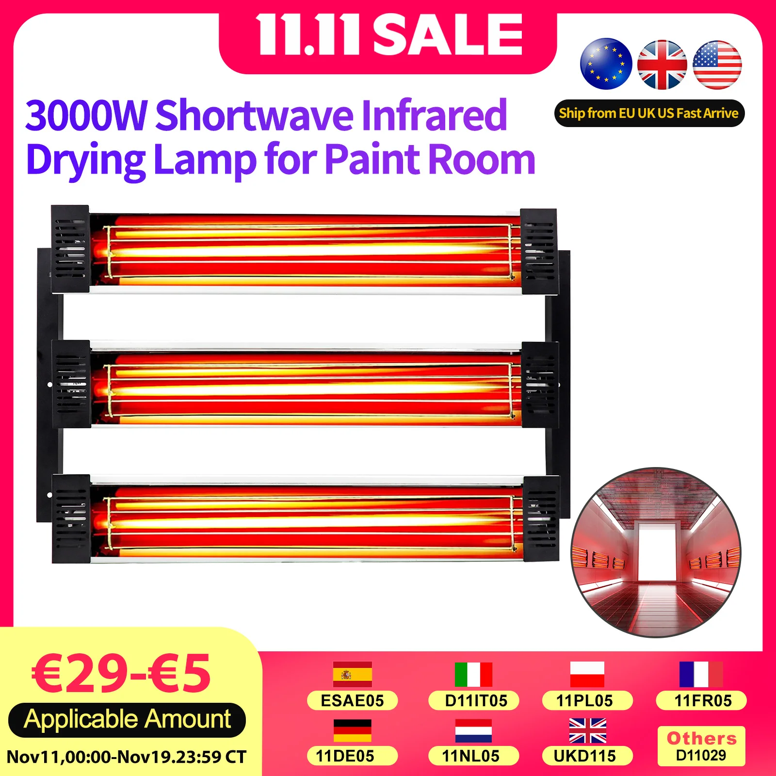 Kurzwellige Infrarot-Farbbacklampe für Lackierkabine DT-KF-3000W 3000W | DT-003 2000 W Hochleistungs-Kohlefaserrohr vom Typ EU/US/UK