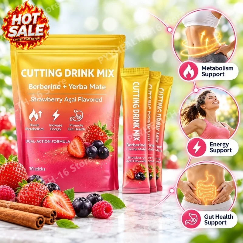 Berberine Yerba Mate Drink Mix Metabolism & Energy Support,Gut Health with Magnesium,Chromium,Ginger,Strawberry Acai,30 Sticks