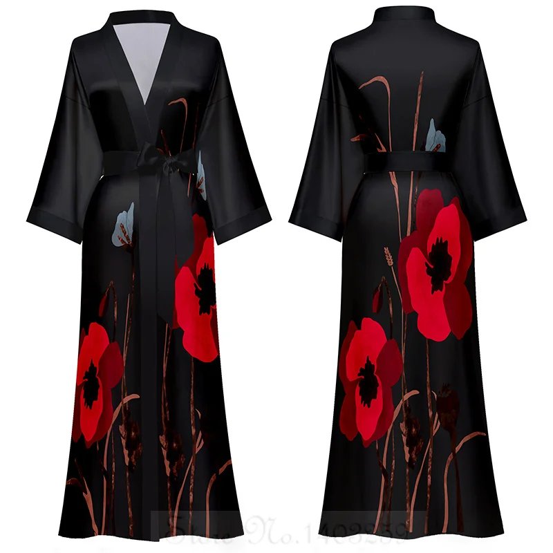 Chinese Style Print Women Long Robe Nightgown Retro Satin Sleepwear Nightdress Half Sleeve Kimono Bathrobe Gown Loose Home Wear