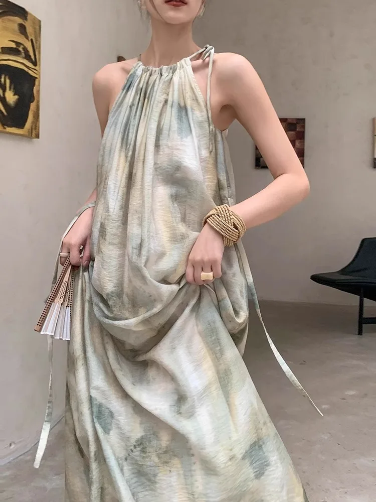 Woman Holiday Clothes Plus Size Pregnancy Beach Dress Summer Maternity Maxi Dress Sleeveless Halter Collar Loose Casual Pregnant