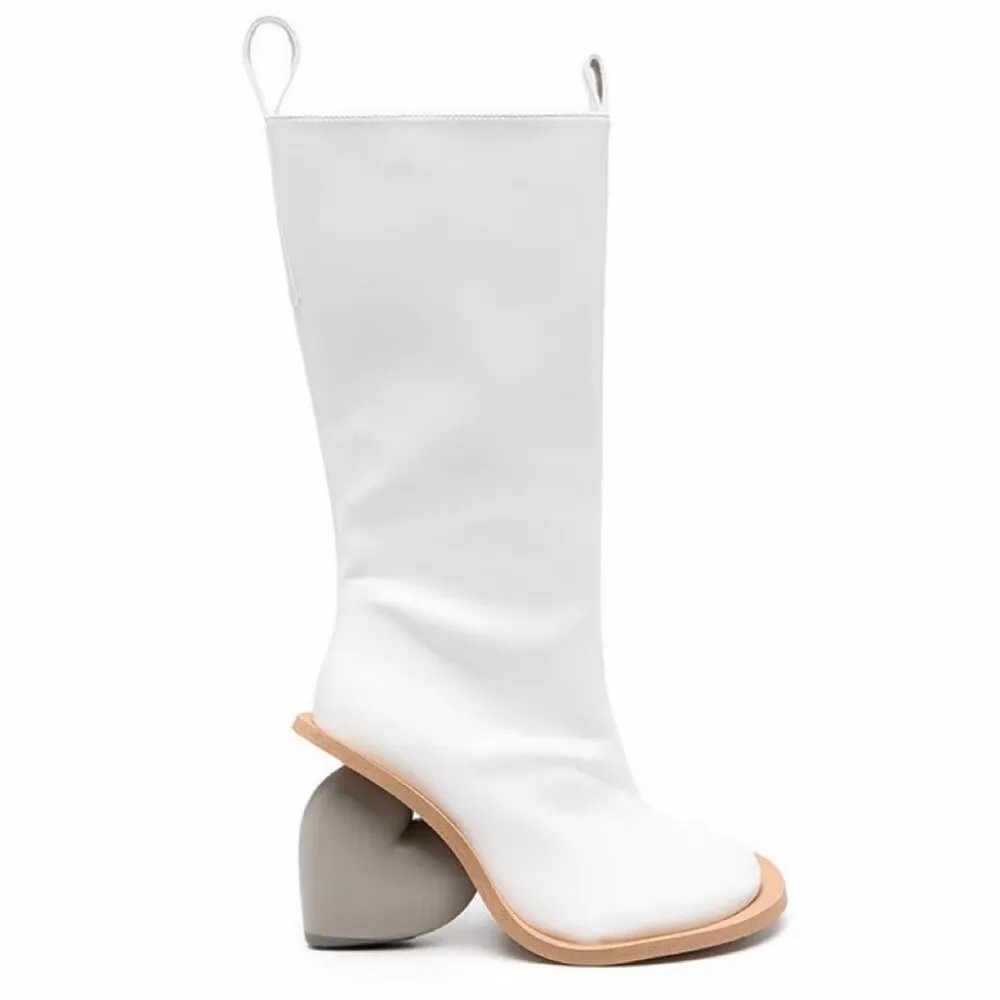 Sweet Lady Fashion Leather Round-Toe Mid-Calf Boots Unique Heart Heel Minimalist Style Light Contrast Sole Soft Leather Boots