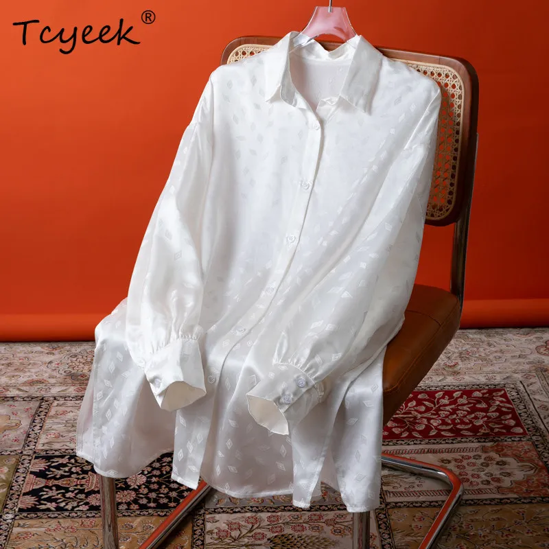 

Рубашка женская Tcyeek из 100% шелка тутового шелкопряда 19 момме, элегантная, летняя, свободного кроя, с длинным рукавом