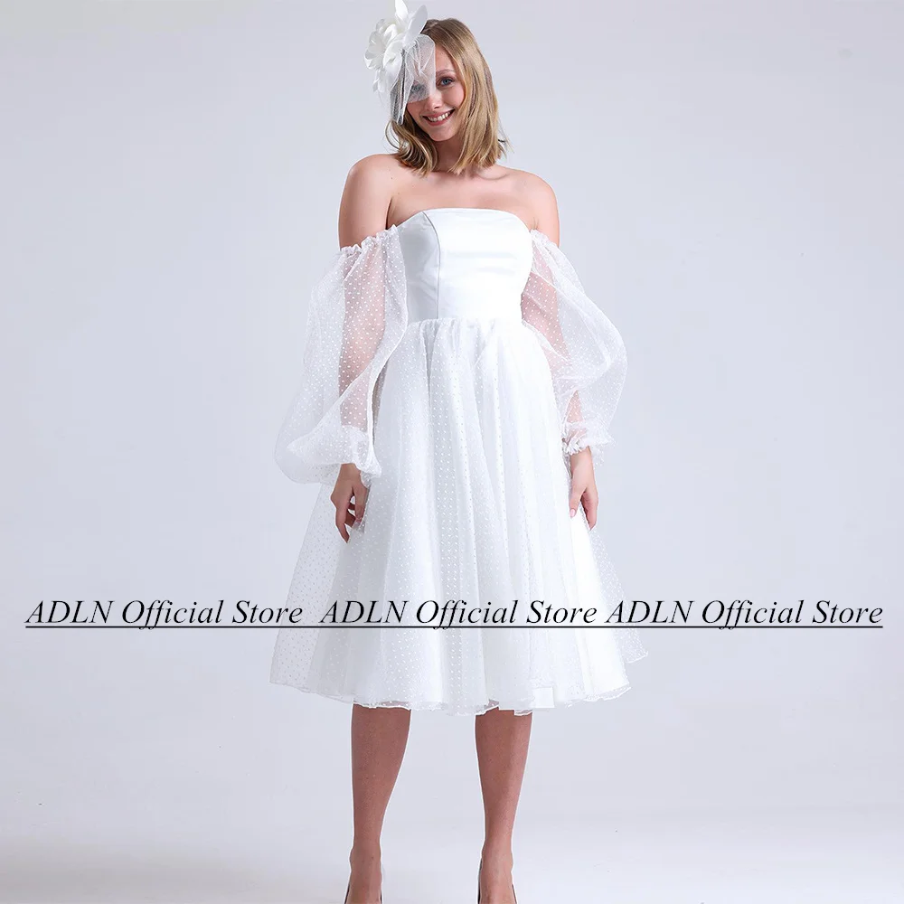 

ADLN Civil Wedding Dresses for Woman Strapless Puff Sleeves Dot Tulle A Line Short Bridal Gown Tea Length Little White Dress