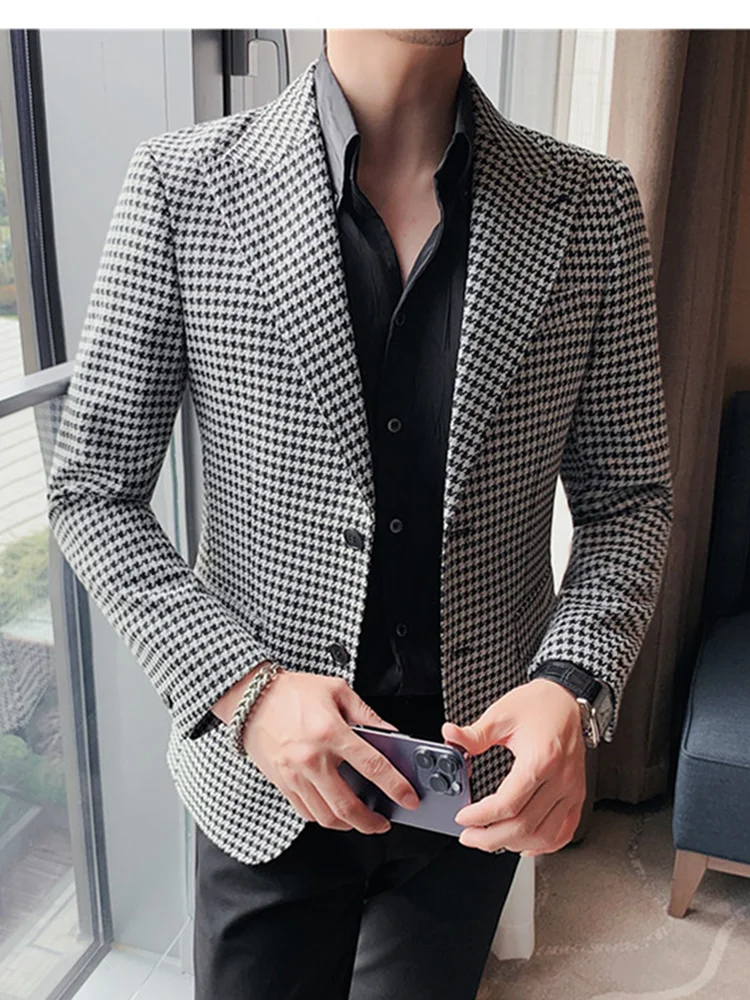 Plus Size 5XL Houndstooth Formal Jackets Two Buttons Long Sleeve Korean Mens Suit Jackets Office Wear Wedding Blazer One Coat