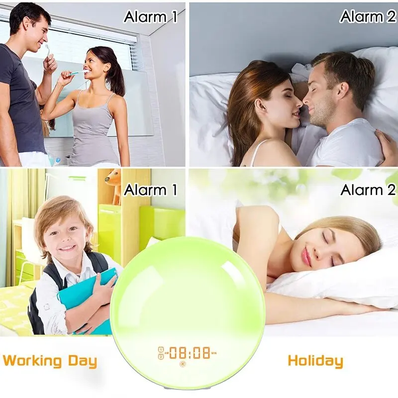 

Simulated wake-up sunrise/sunset alarm clock with digital display, night light, FM radio, table clock, and decorative pendulum