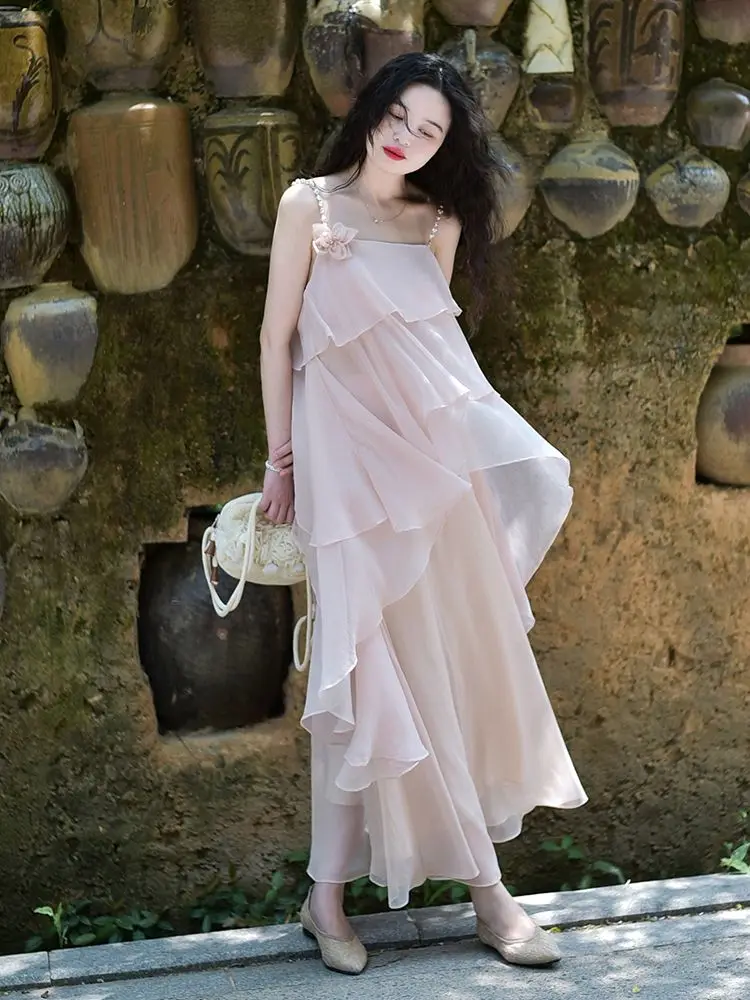 

Korea Summer Outfits Fairy Suit For Women'S Pink Sweet Pearl Strap Chic Top Chiffon Skirt Elegant Two Piece Set