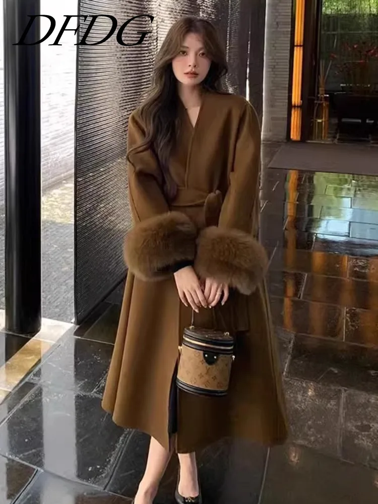 

DFDG Caramel Brown Temperament Fashionable 2024 Autumn And Winter New Mid To Long Woolen Coat Jacket For Women
