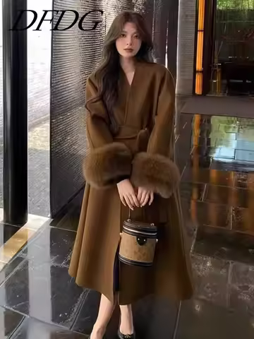 DFDG Caramel Brown Temperament Fashionable 2024 Autumn And Winter New Mid To Long Woolen Coat Jacket For Women